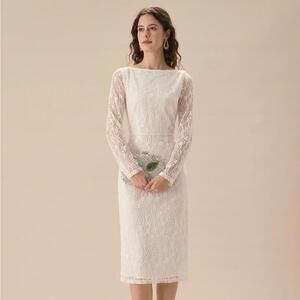 RIHOAS White Lace Boat Neck Slit Midi Dress XS